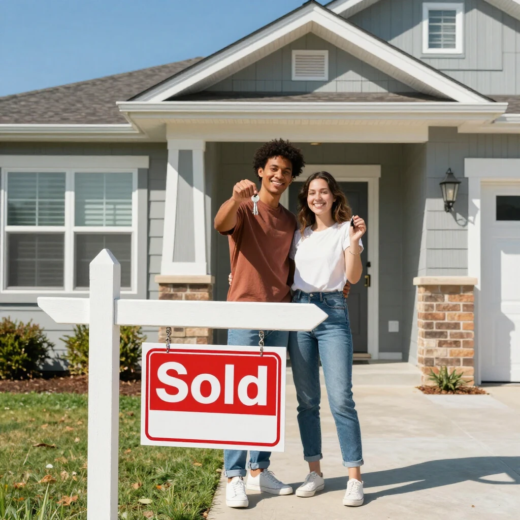 Happy couple in front of their new home