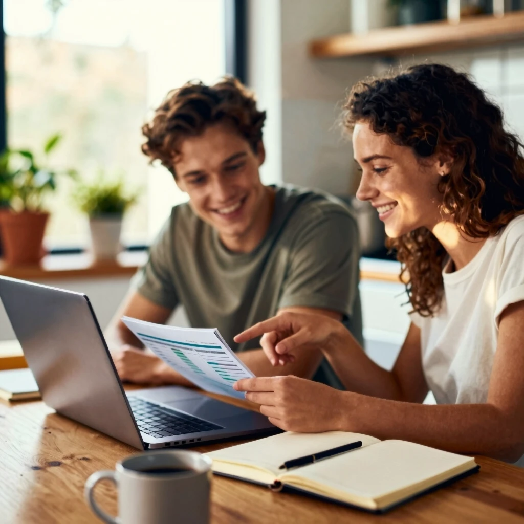 Young couple budgeting for their first home purchase