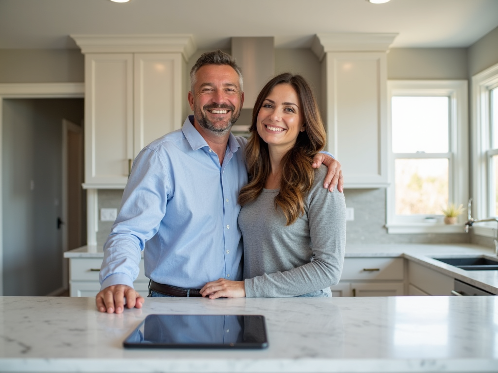 A happy couple in their new home with a virtual tour app on a tablet nearby.