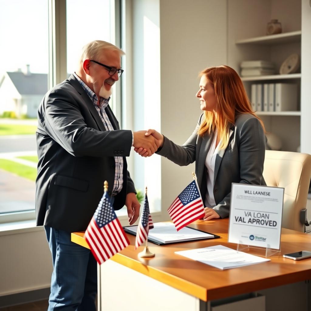Veteran shaking hands with a mortgage lender in an office