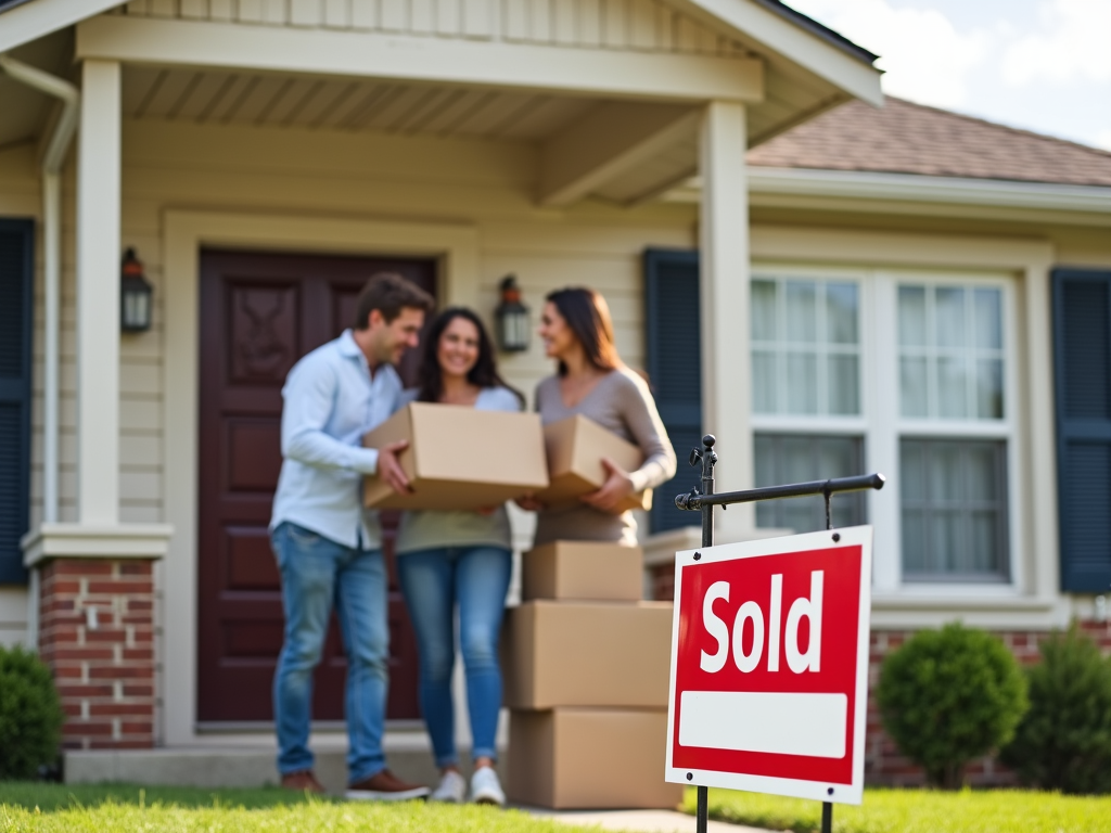 Family moving into their new home with a 'Sold' sign