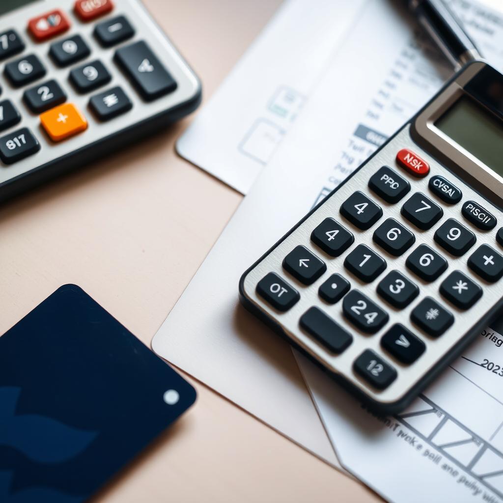 A close-up of a credit card showing the balance and available credit, with a calculator in the background.