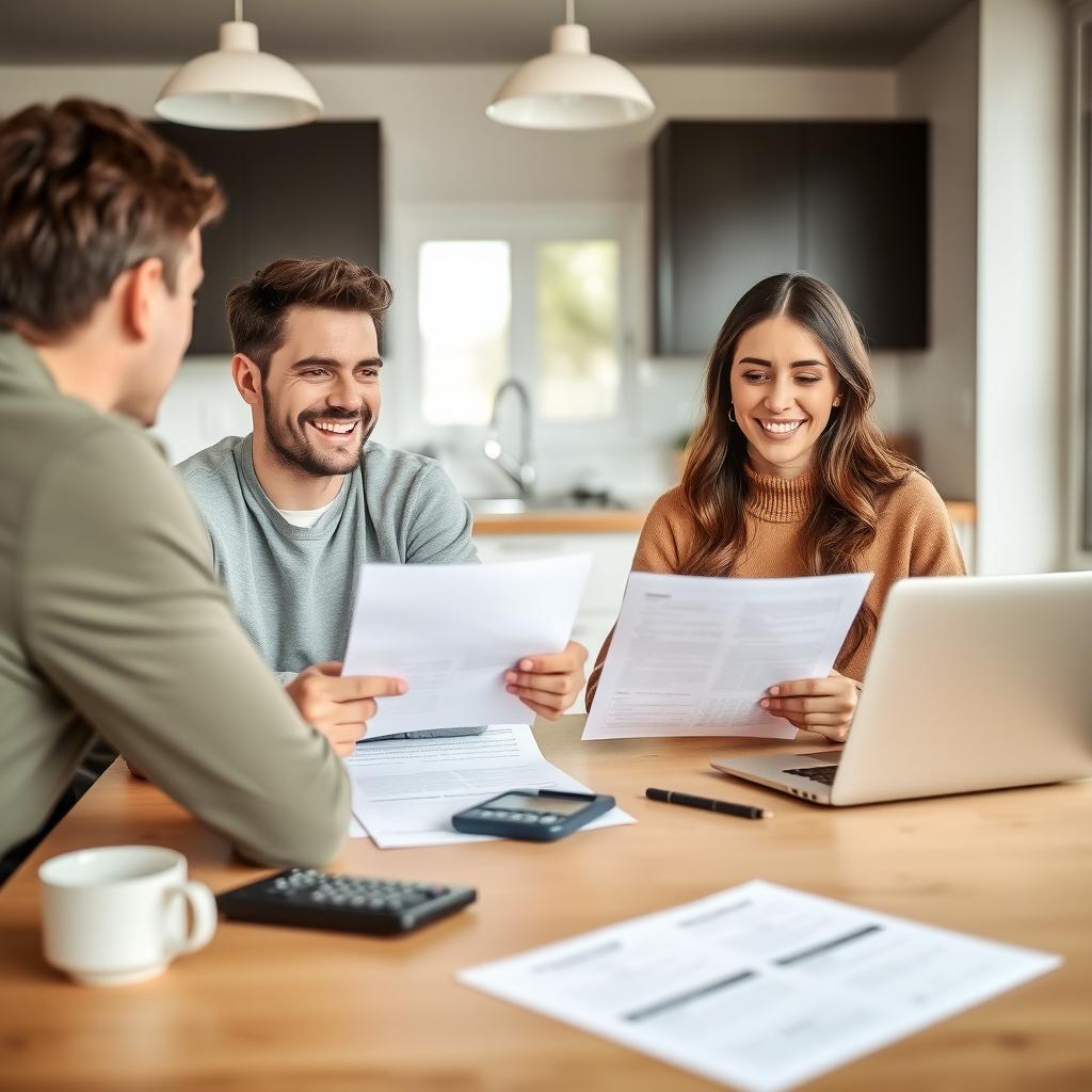 Young couple reviewing FHA loan paperwork with a lender at a kitchen table.