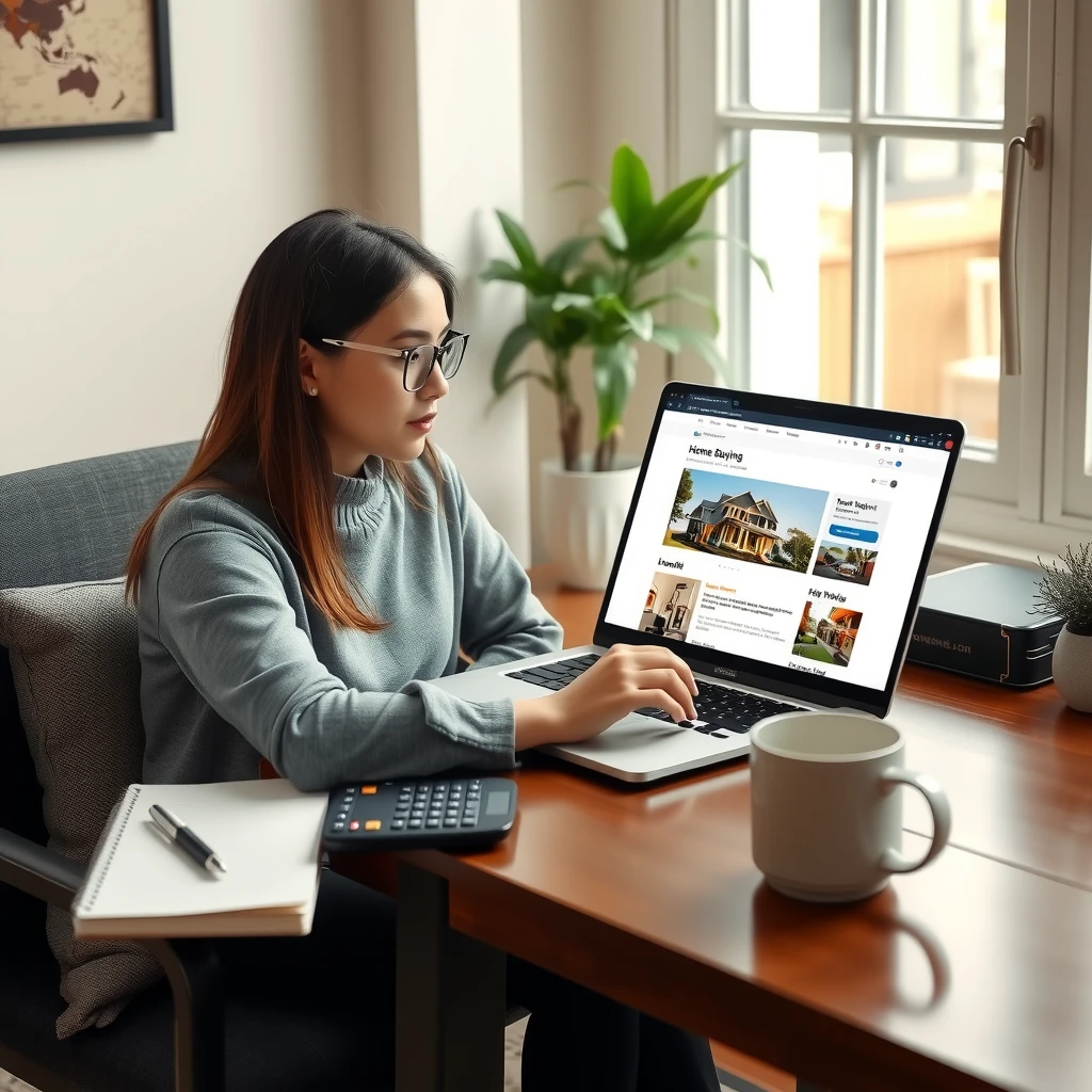 Woman researching down payment assistance programs on laptop at home