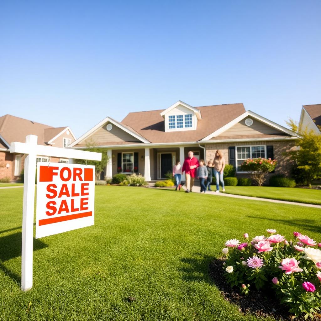 Suburban home with a 'For Sale' sign, a family touring with a real estate agent.