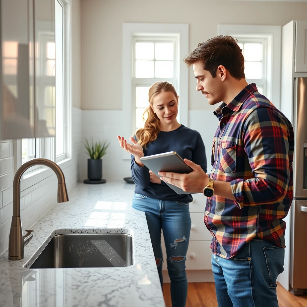 Home buyers attending their inspection with the inspector in the kitchen