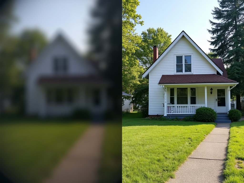 Before and after of a house photo improved by AI photo filters