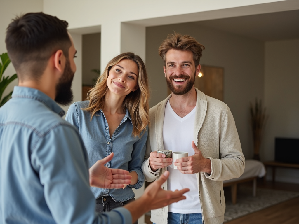 A couple touring a potential home with their real estate agent.