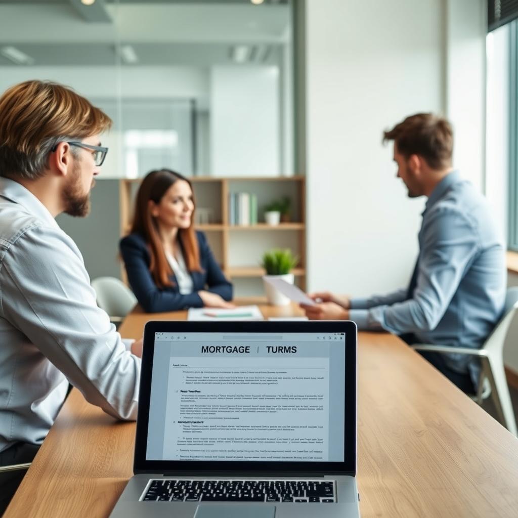 Mortgage broker discussing terms with couple in a modern office.