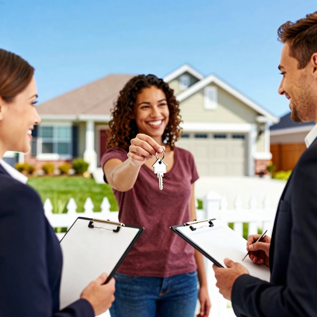 Young couple excitedly receiving keys to their new suburban home from a real estate agent