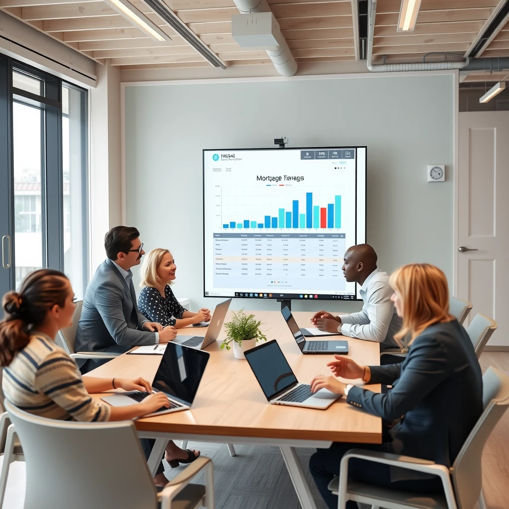Team of mortgage brokers discussing financial analysis in a meeting