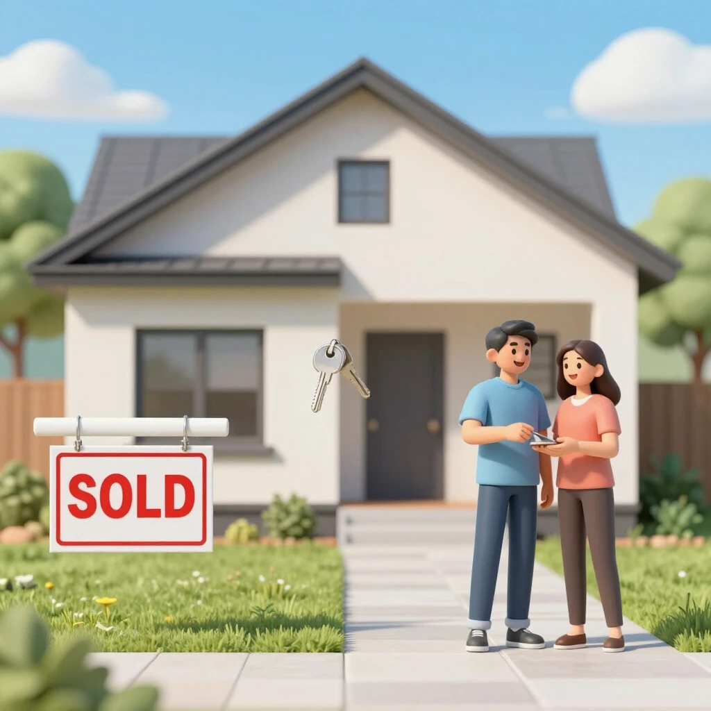 Happy new homeowners receiving keys in front of house with sold sign