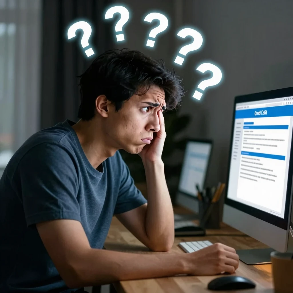 Confused young adult reviewing credit report with question marks symbolizing misconceptions