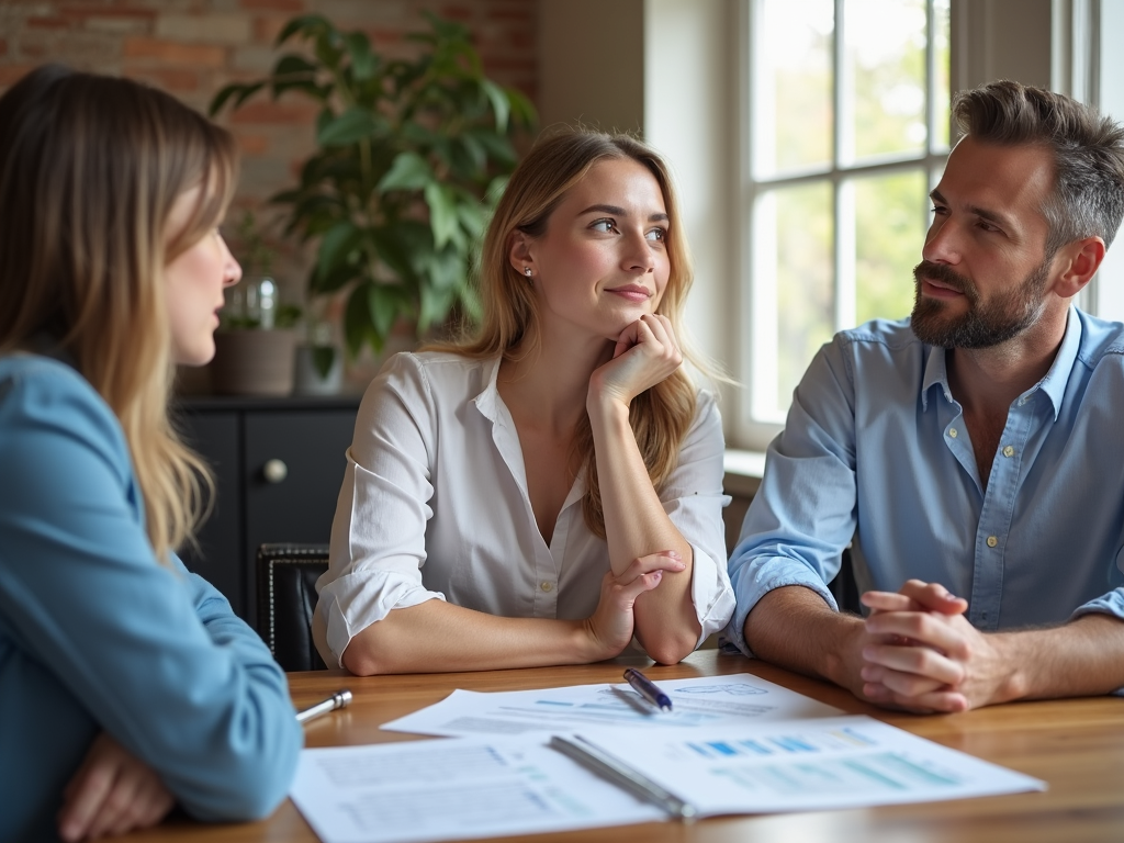 Couple discussing home offer with real estate agent.