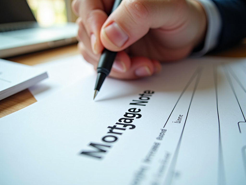 Hand signing mortgage note during home closing