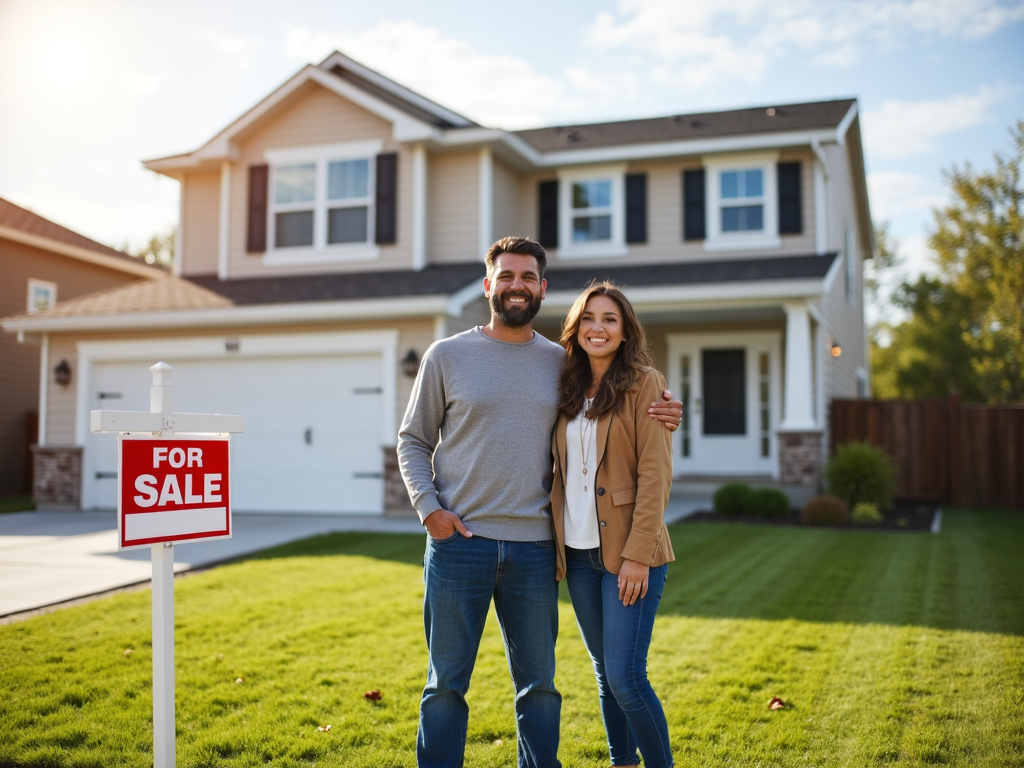 A family in front of their new home.