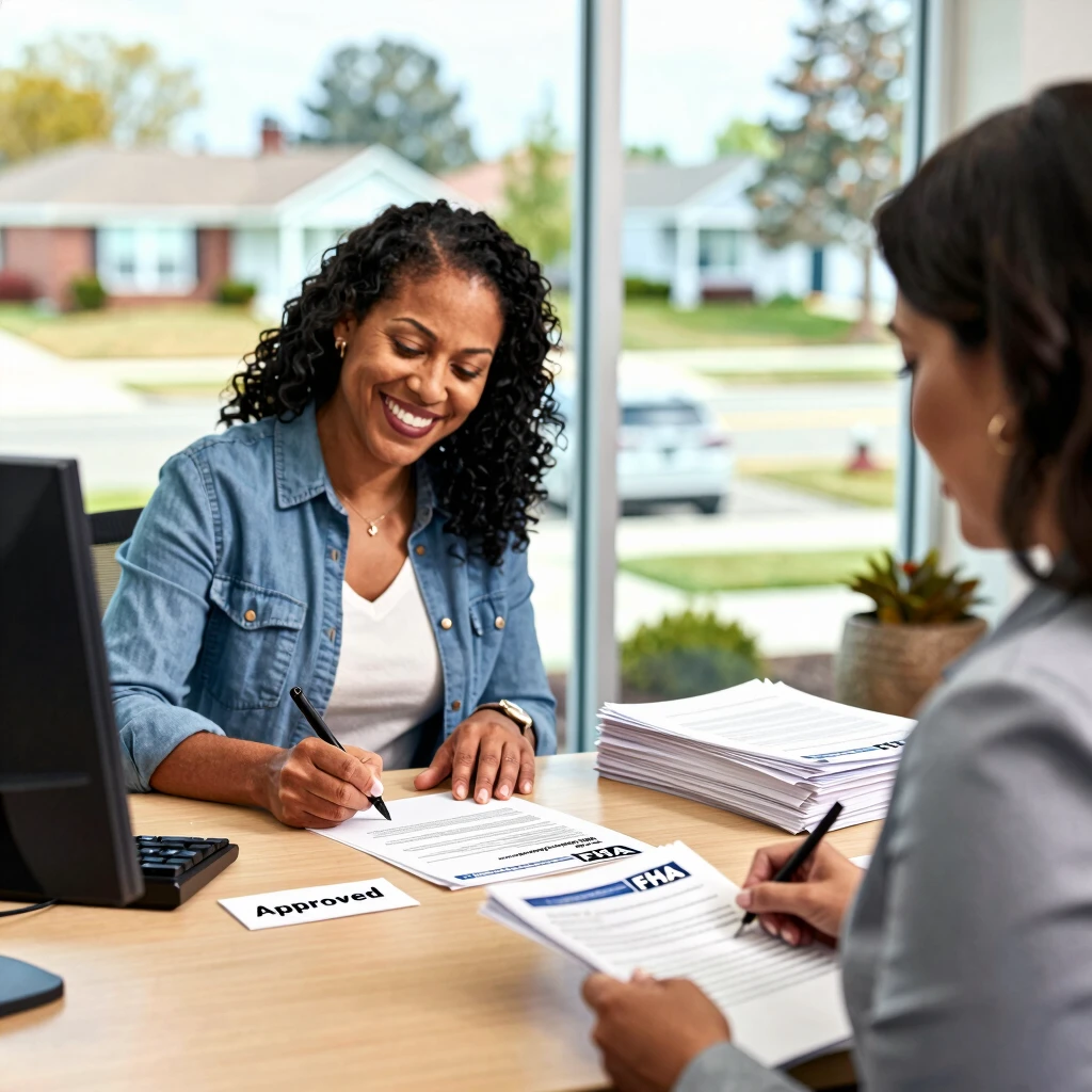 Homeowner finalizing FHA mortgage refinance with loan officer