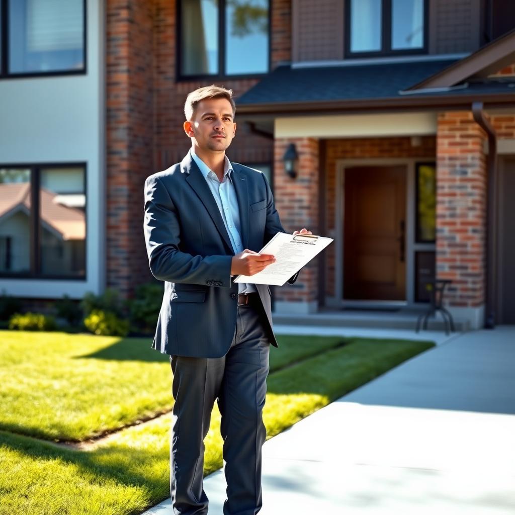 A home appraiser in business casual attire takes notes outside a modern suburban house with a brick exterior and well-kept lawn.