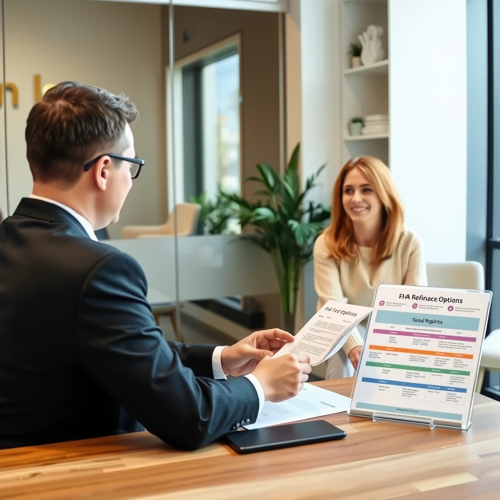 Mortgage lender discussing FHA refinance options with clients in office