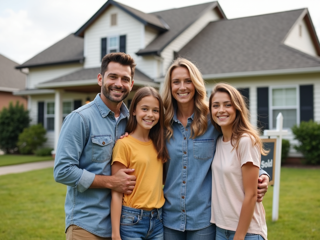Happy family in front of their home, representing the goal of mortgage refinancing.