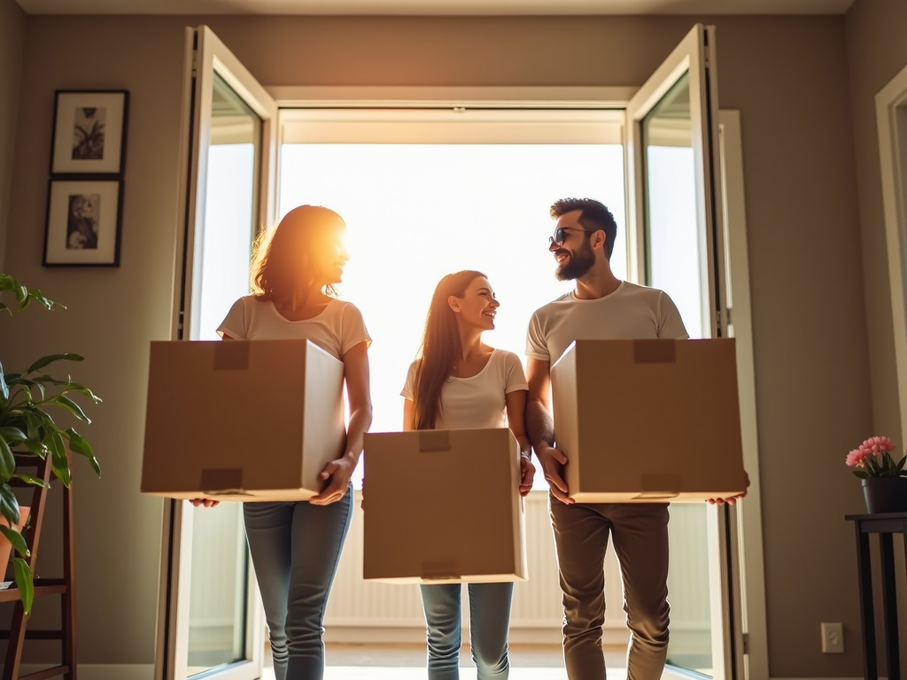 A family entering their new home