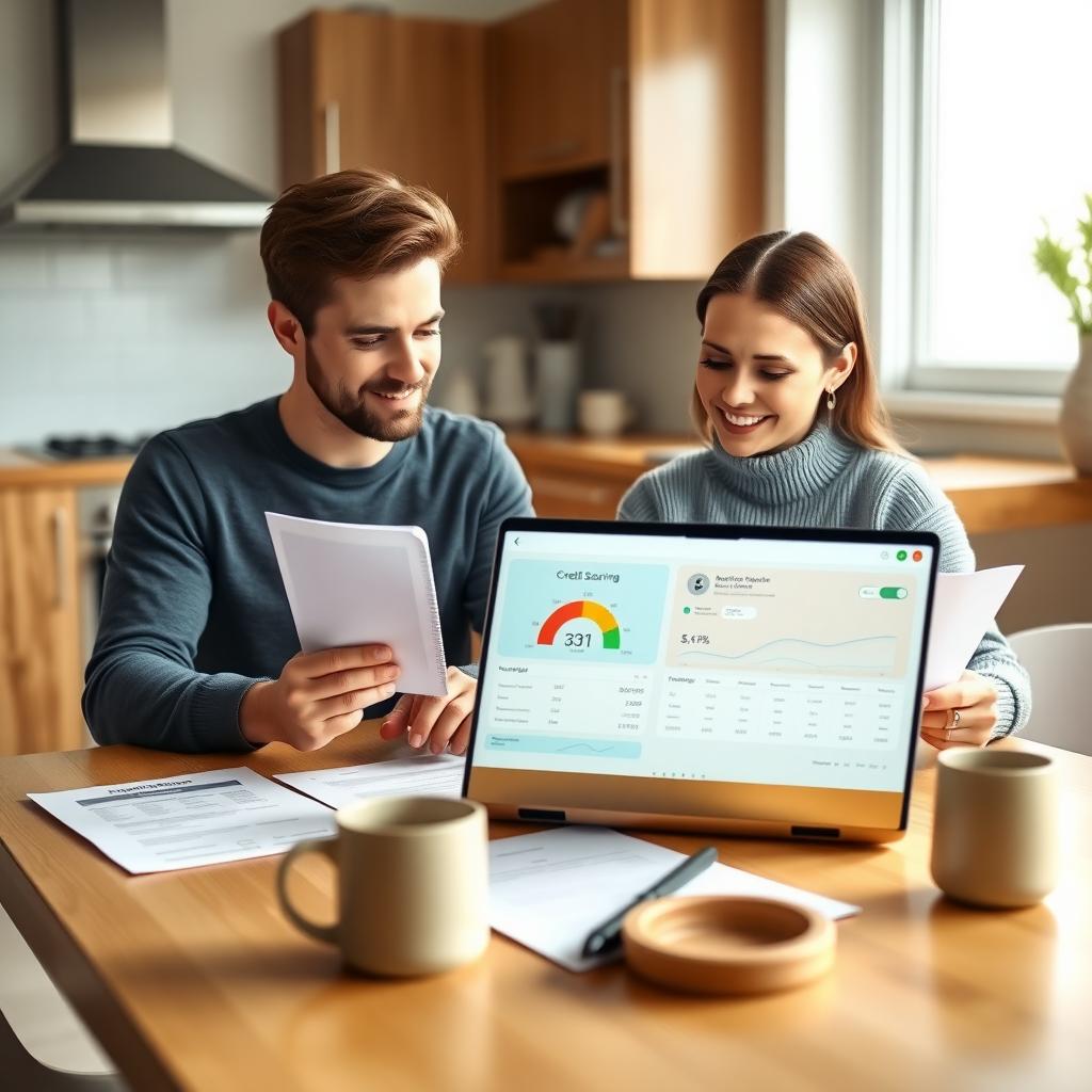Couple reviewing financial documents and credit score at a kitchen table