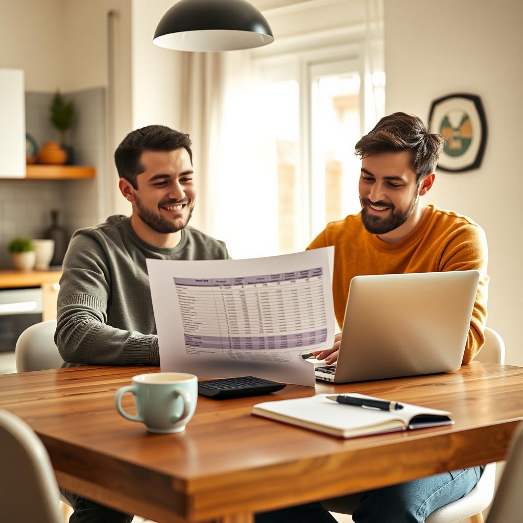 Young couple planning their budget for a home down payment at a kitchen table.