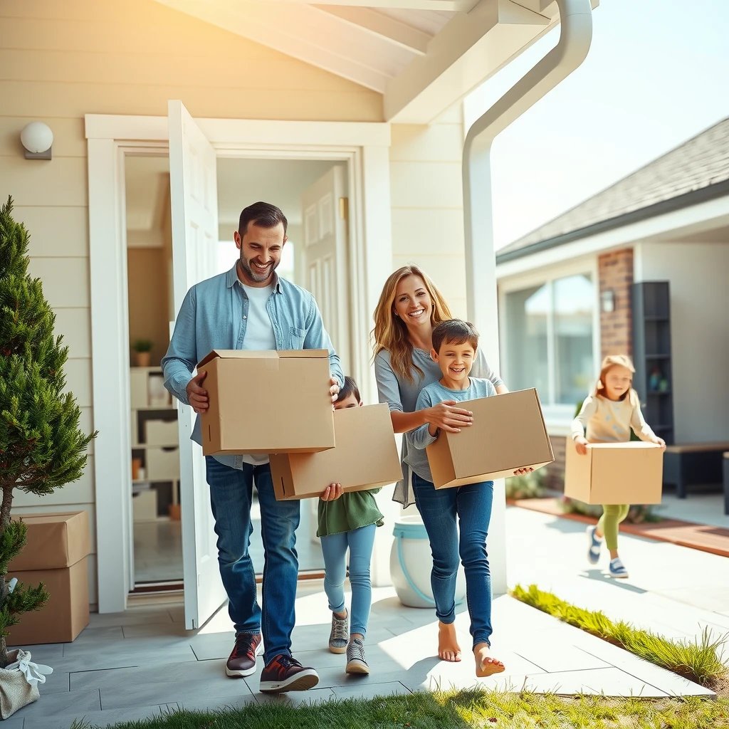 Family happily moving into their new home with boxes
