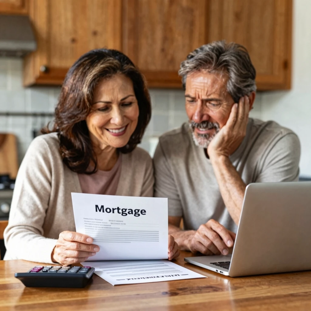 Happy couple reviewing mortgage refinance options at home