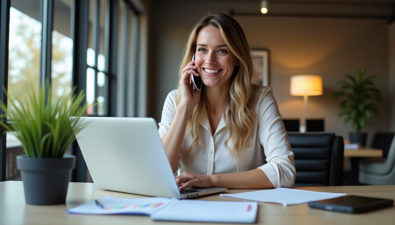 Real estate agent using multiple devices to connect with clients.