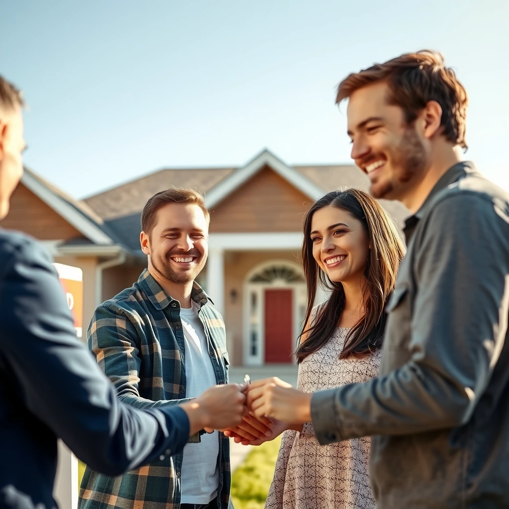 Happy couple receiving keys to their new home