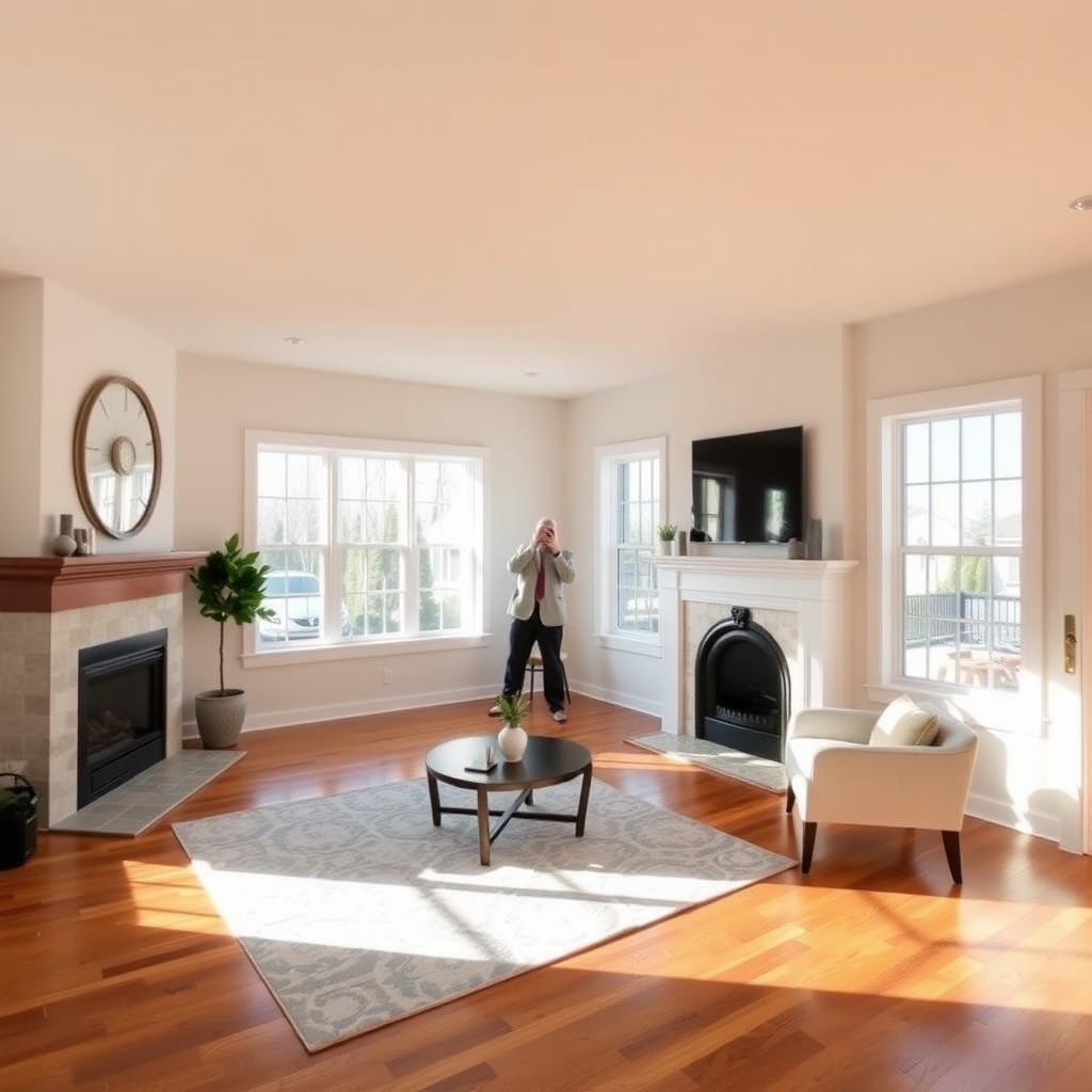 Appraiser photographing a modern living room with hardwood floors and a fireplace.