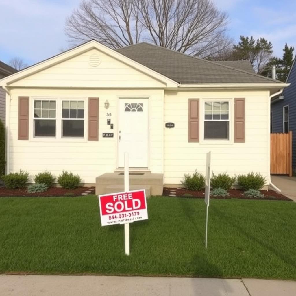 Renovated home exterior with a 'Sold' sign, purchased with an FHA 203(k) loan.