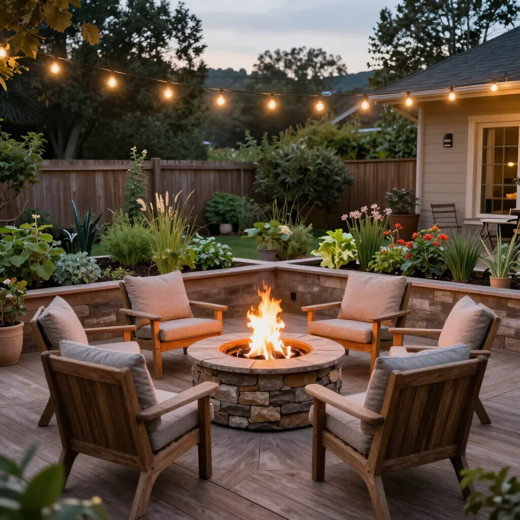 Outdoor living area with fire pit, seating, and edible garden