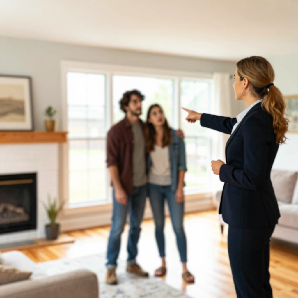 Real estate agent touring a home with young couple