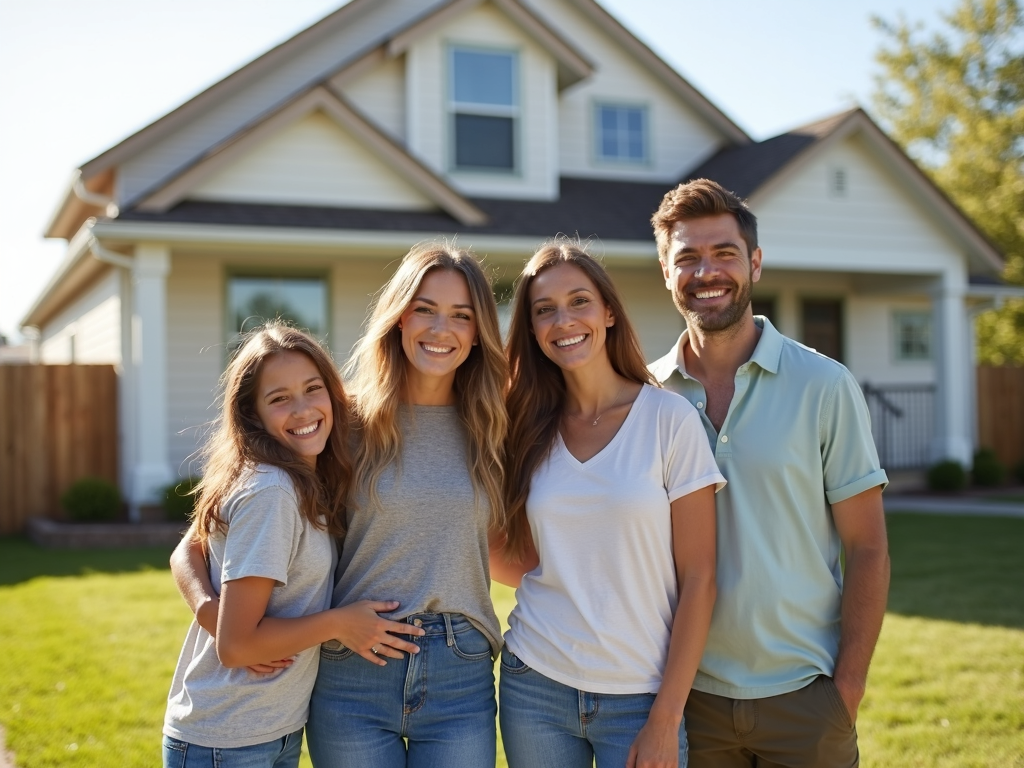 Family in front of new home.