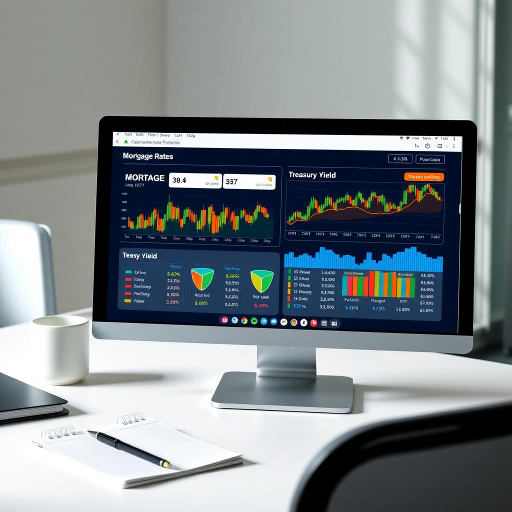 Financial dashboard showing mortgage rates and Treasury yields on a computer screen in a modern office setting