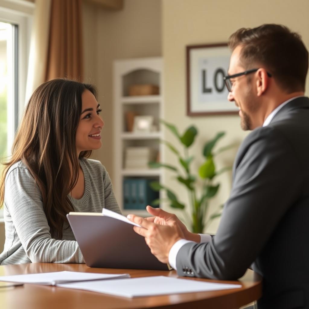 A first-time homebuyer sitting at a table with a lender, reviewing paperwork and discussing loan options, with a laptop and documents spread out.