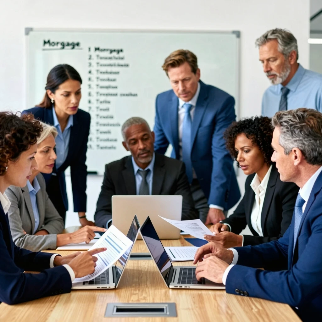 Diverse mortgage professionals discussing tools in an office