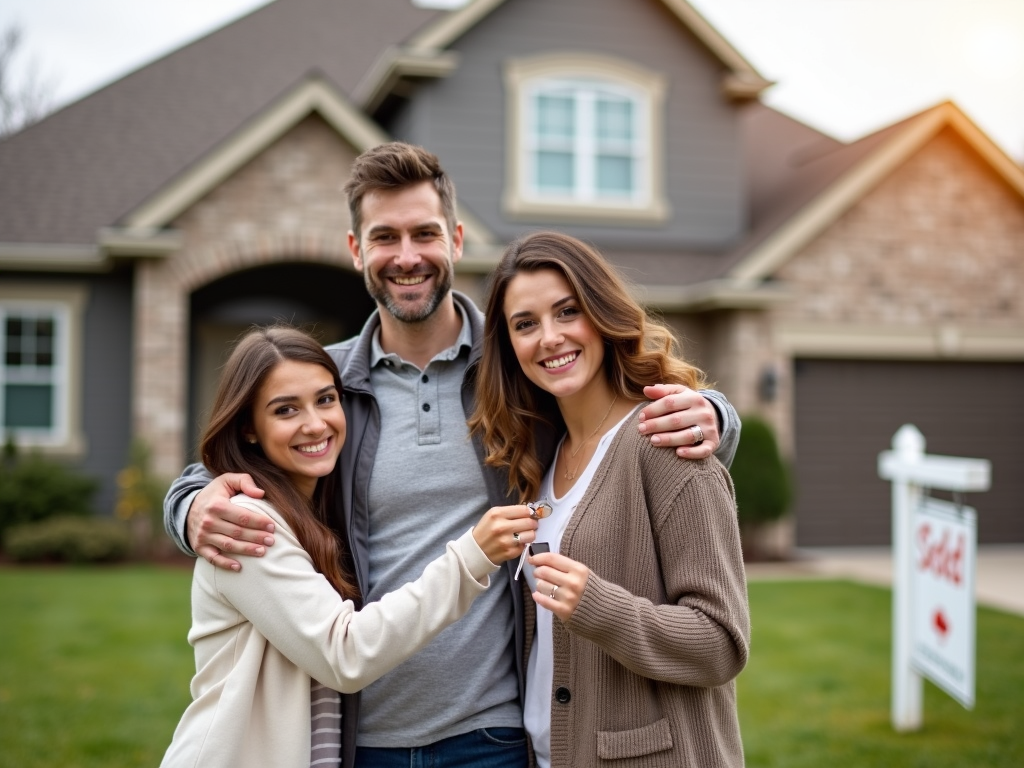 Family celebrating in front of their new home after completing the mortgage process