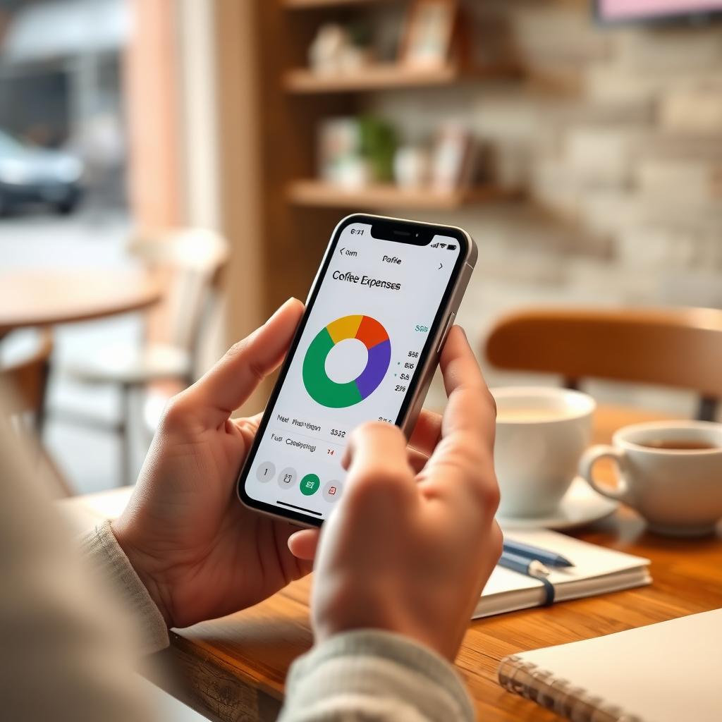 Person checking a budgeting app on their smartphone in a coffee shop.