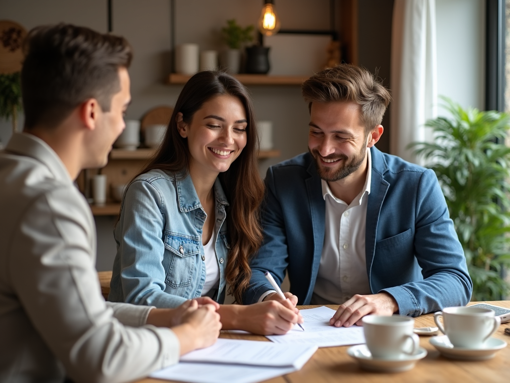 Couple signing FHA loan documents with a lender