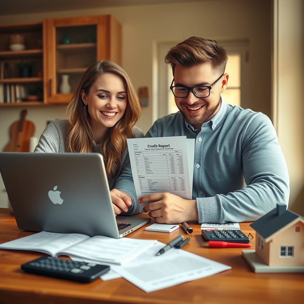 Young couple reviewing credit report and planning for mortgage at home