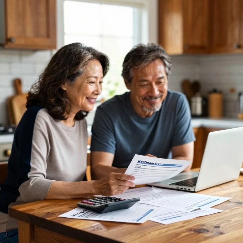 Couple reviewing FHA refinancing options at home