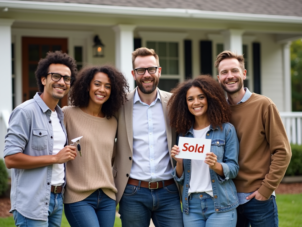 First-time homebuyers celebrating in front of their new home