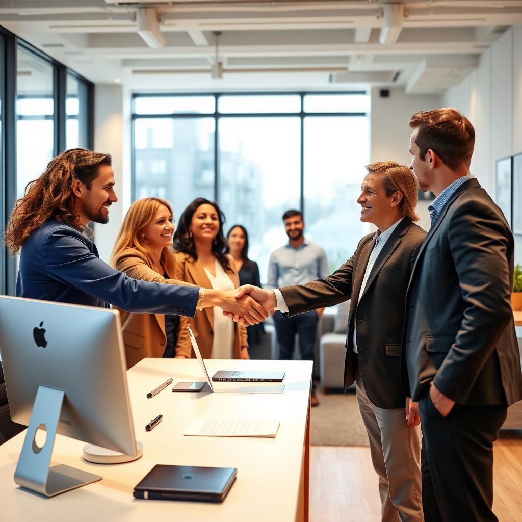 Homebuyers shaking hands with a mortgage lender in an office