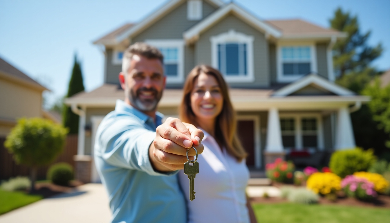 A happy couple standing in front of their new home, holding keys, symbolizing the successful acquisition of an FHA mortgage.