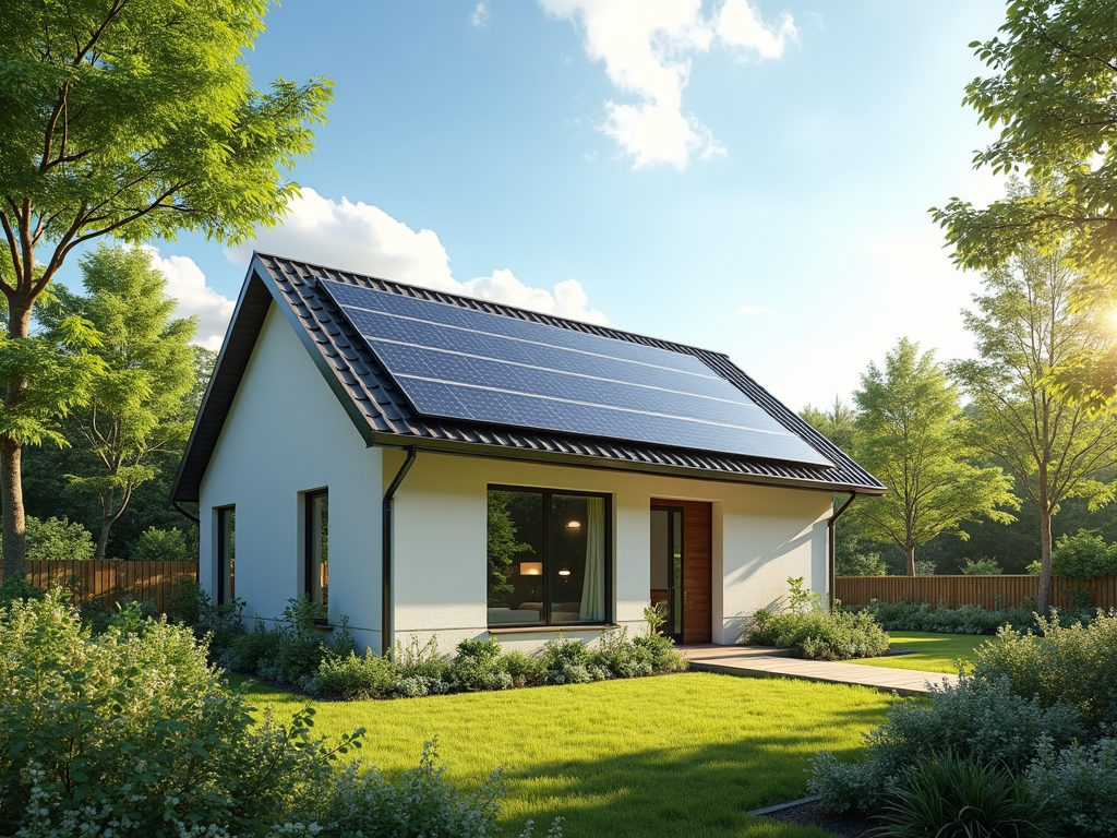 A real eco-friendly house with solar panels and a garden, built for sustainable living.