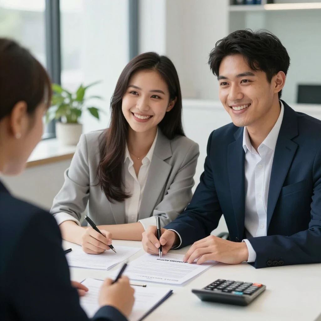 Couple signing mortgage refinance documents happily
