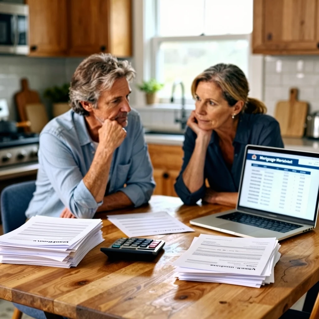 Couple reviewing home buying documents and planning their steps